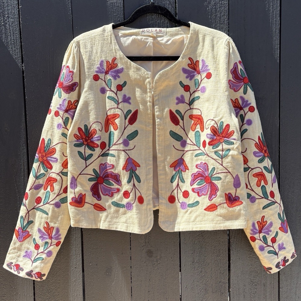 Anthropologie Dolan Boho Folk Art Embroidered Linen Blnd Jacket L Crop Floral